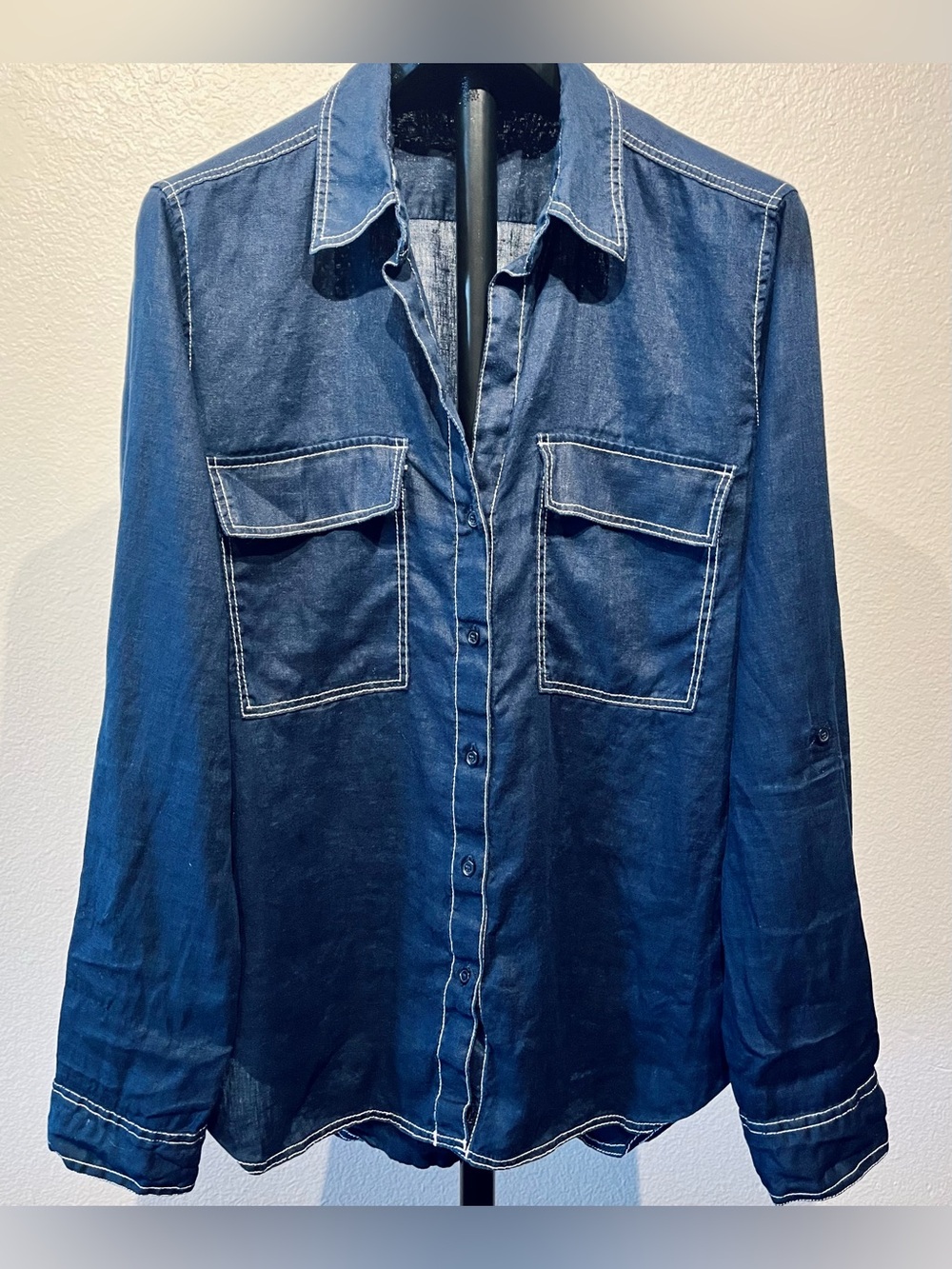 Babaton Dark Blue Denim-Style Button Front Shirt